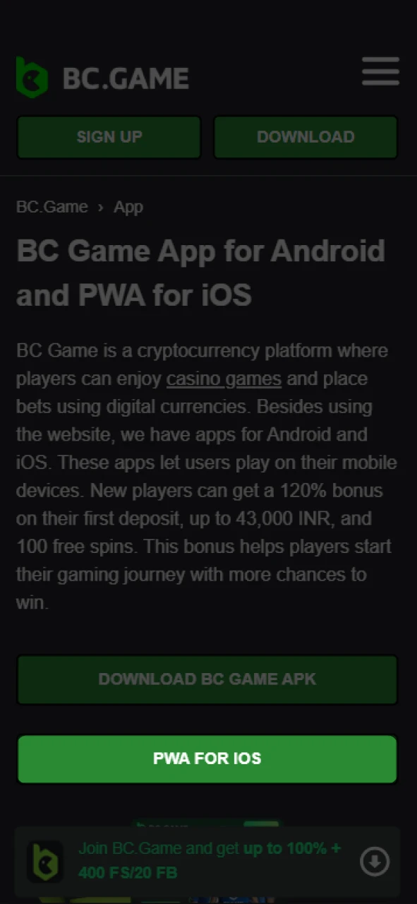 Find the PWA for iOS button to install the BC Game web app.