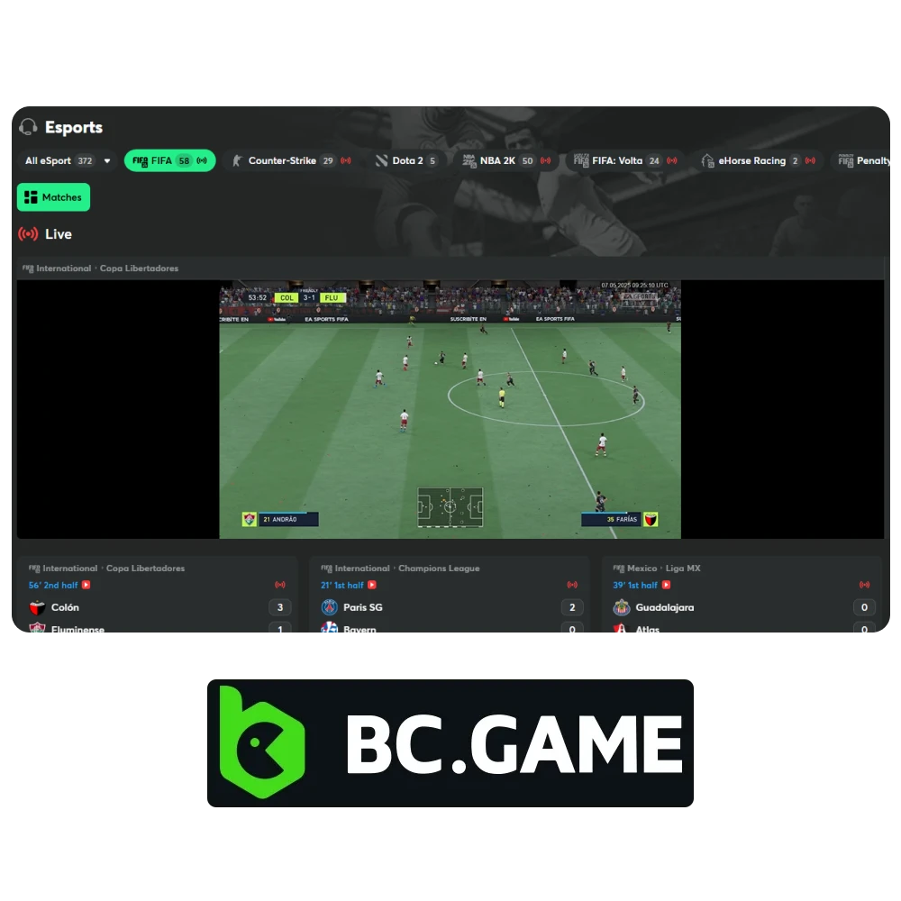 The eSports section on the BC Game website features a variety of video games to bet on.