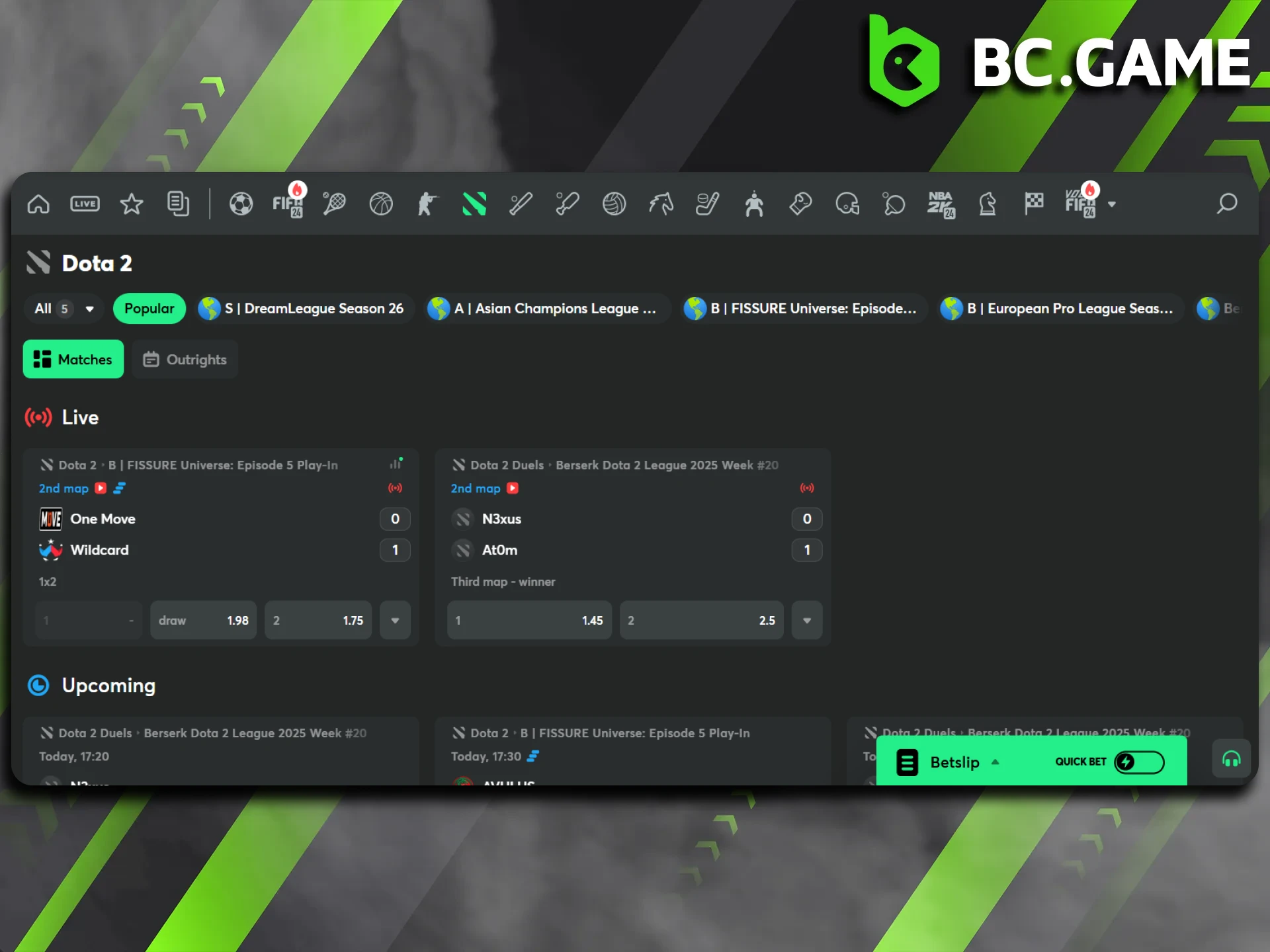 Dota 2 is available for betting among other games at BC Game.