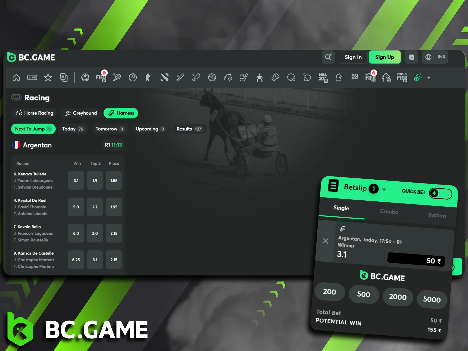 Bet on harness racing on the BC Game platform.