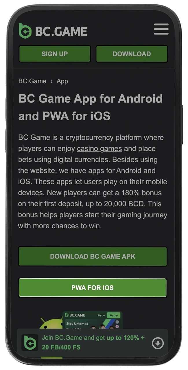 Find the PWA for iOS button to install the BC Game web app.
