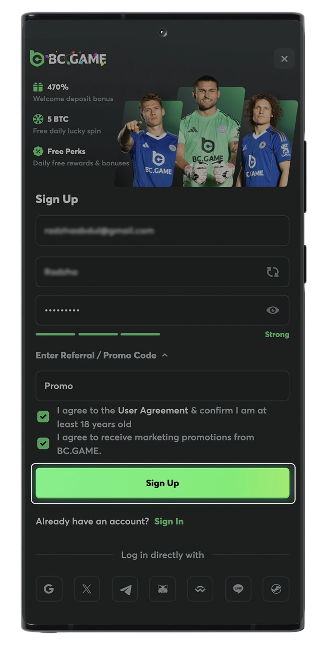 Complete the BC Game registration process.