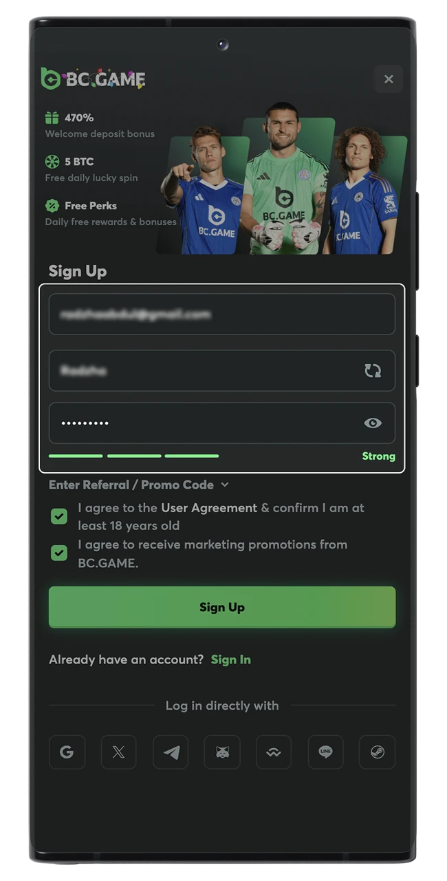 Make up a login and password for your BC Game account.