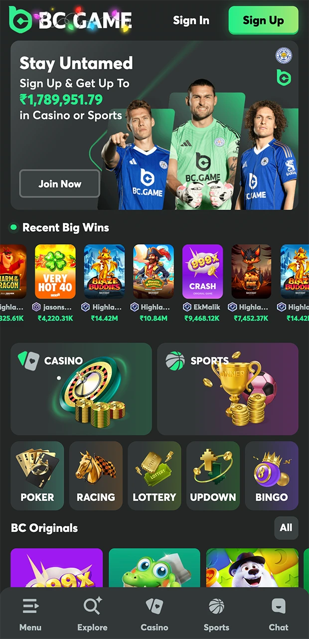 BC Game's main page.