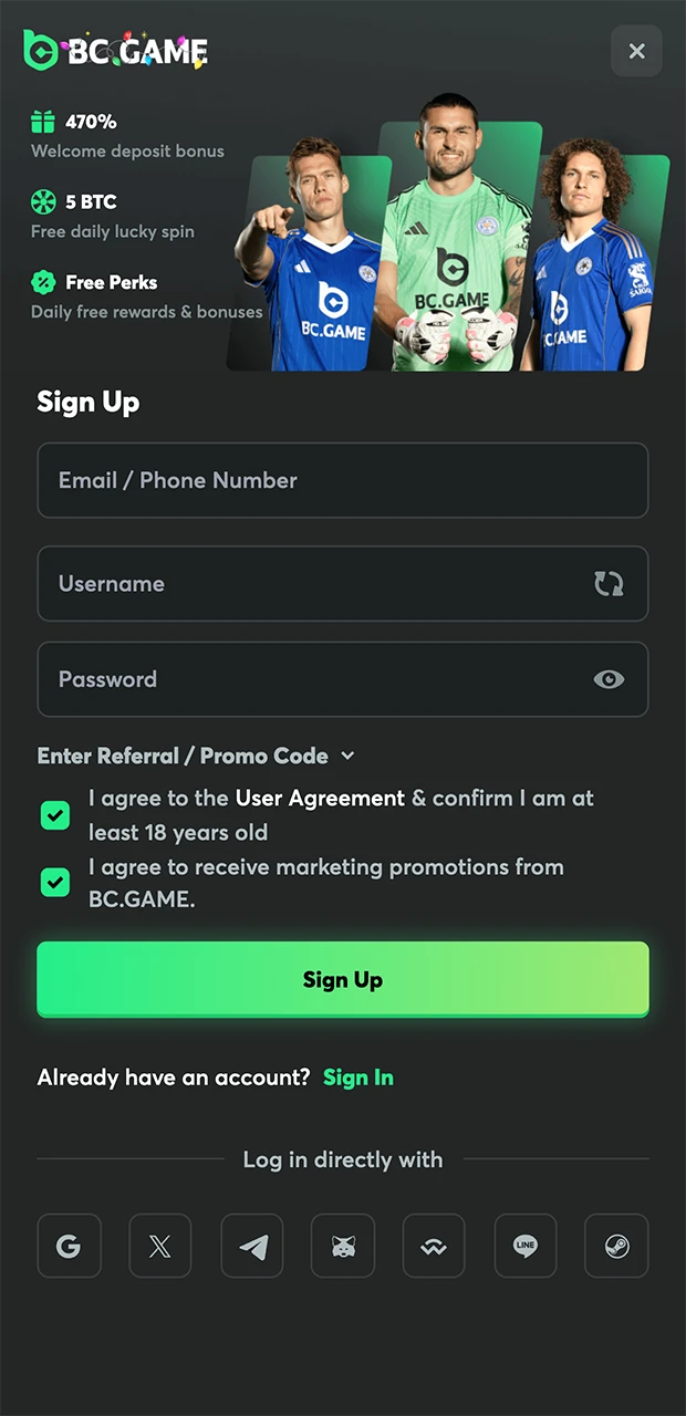 BC Game registration form.