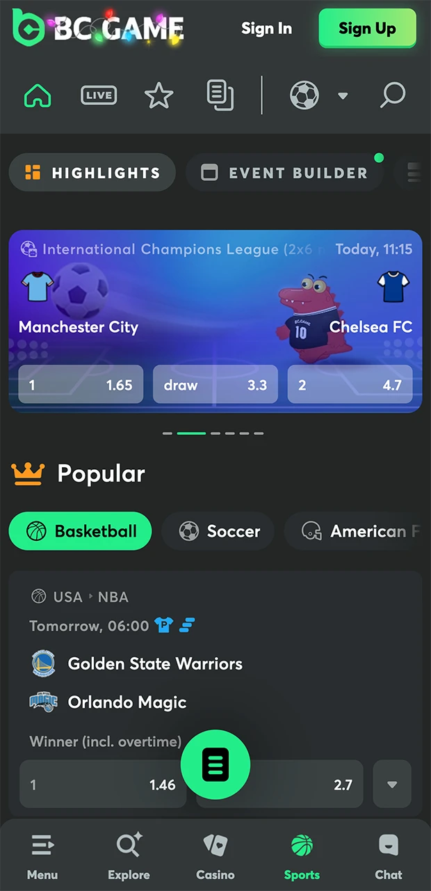 BC Game sports betting section.