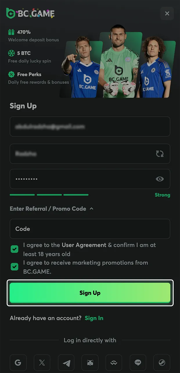 Finish creating your BC Game account.