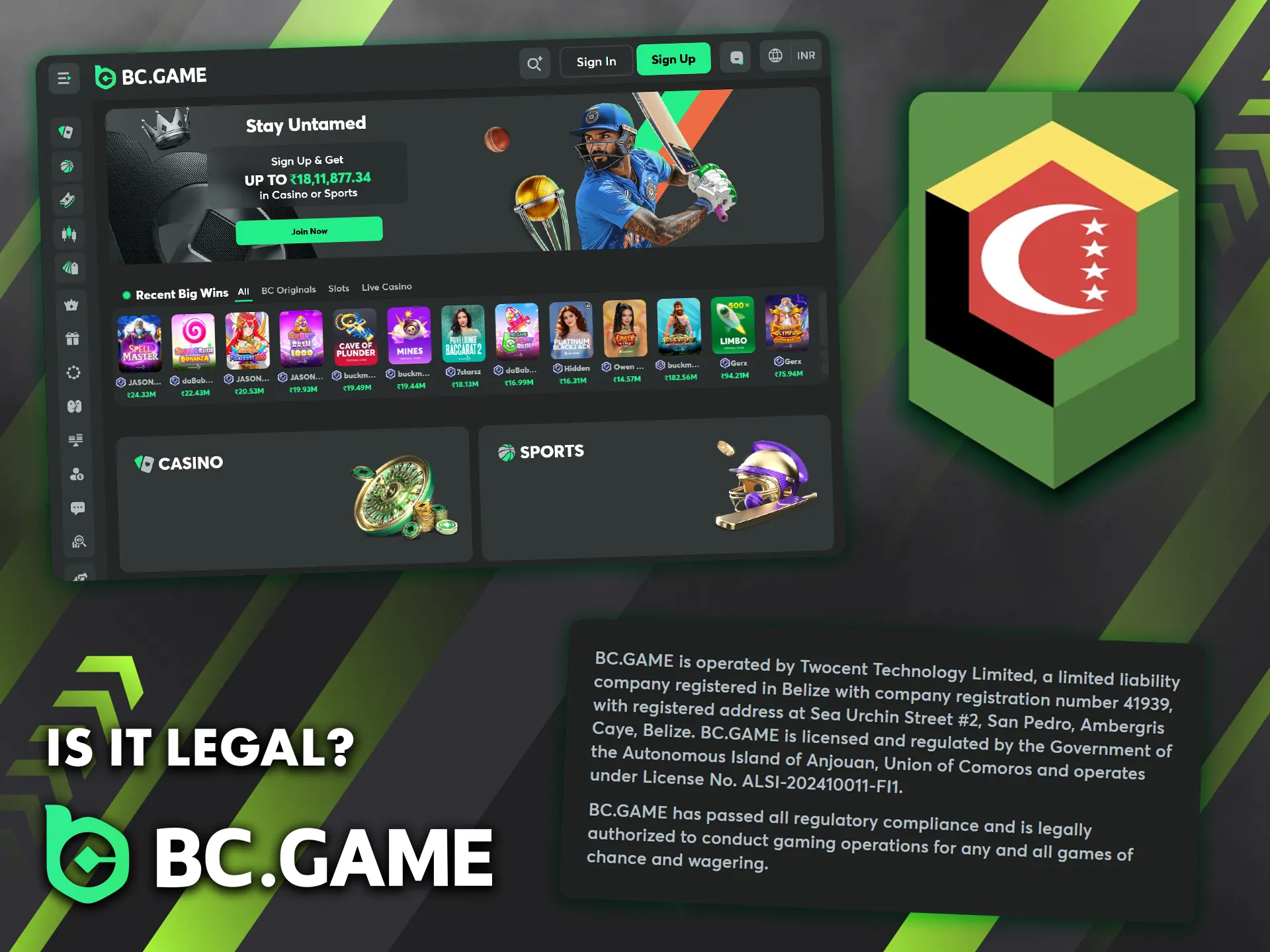 BC Game operates legally in India under Anjouan's licence.
