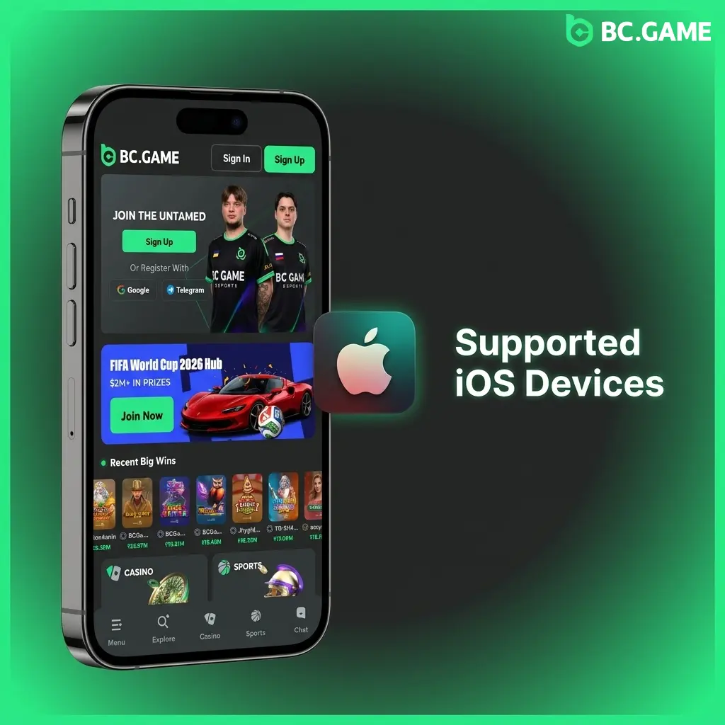 BC Game PWA supported iOS devices list including iPhone 16, 15, 14, 13 series and iPad models running iOS 14.0 or above