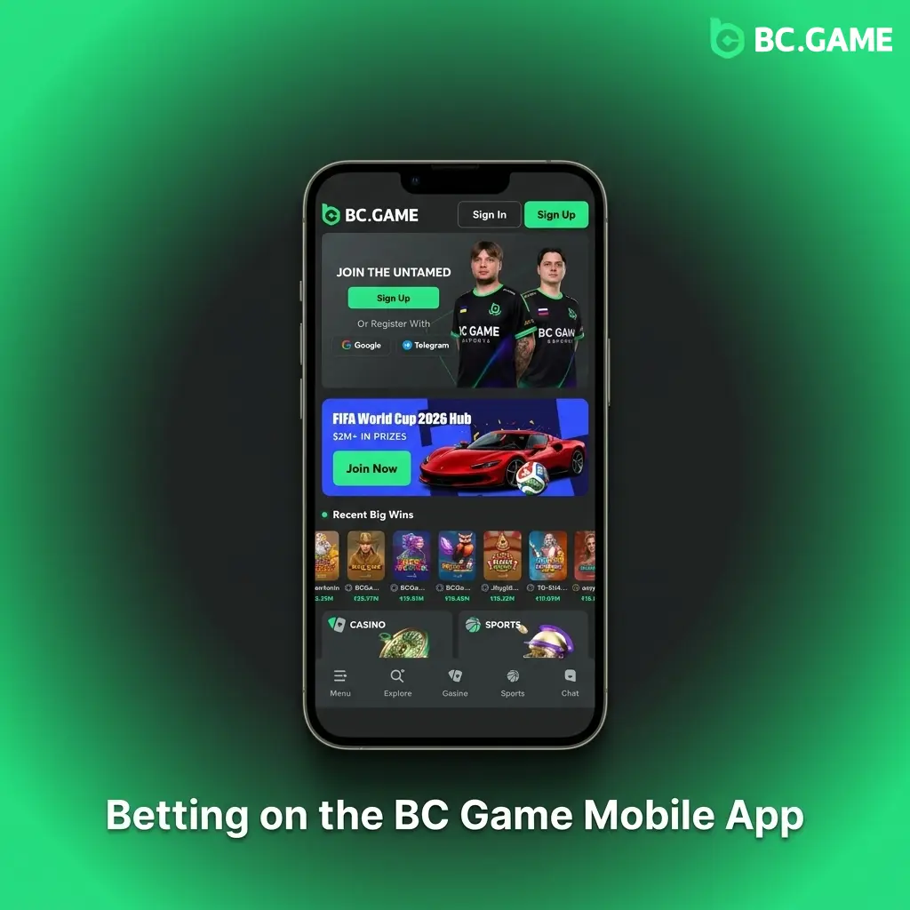 BC Game mobile app interface showing sports betting on Android and iOS PWA with live odds and bet slip