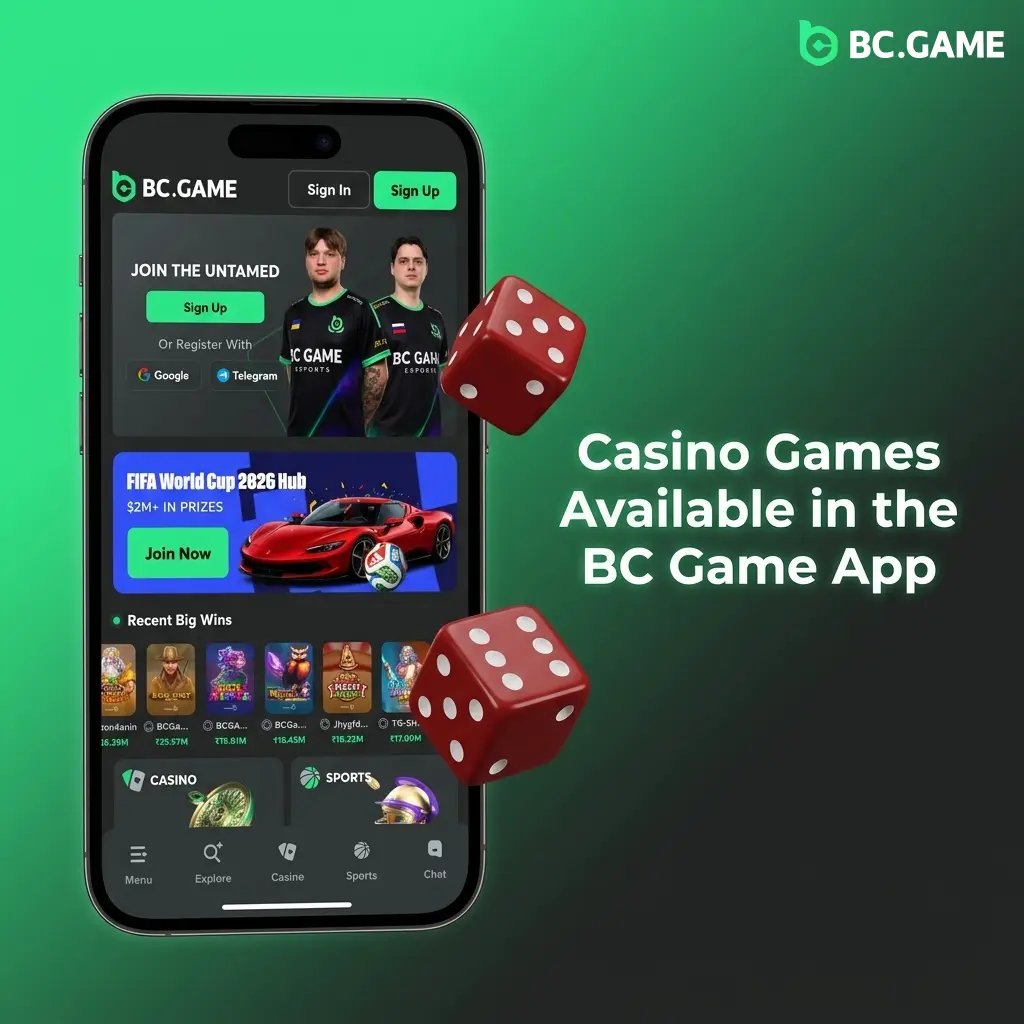 BC Game app casino games including slots, live dealer tables, crash games, and BC Originals like Plinko and Mines
