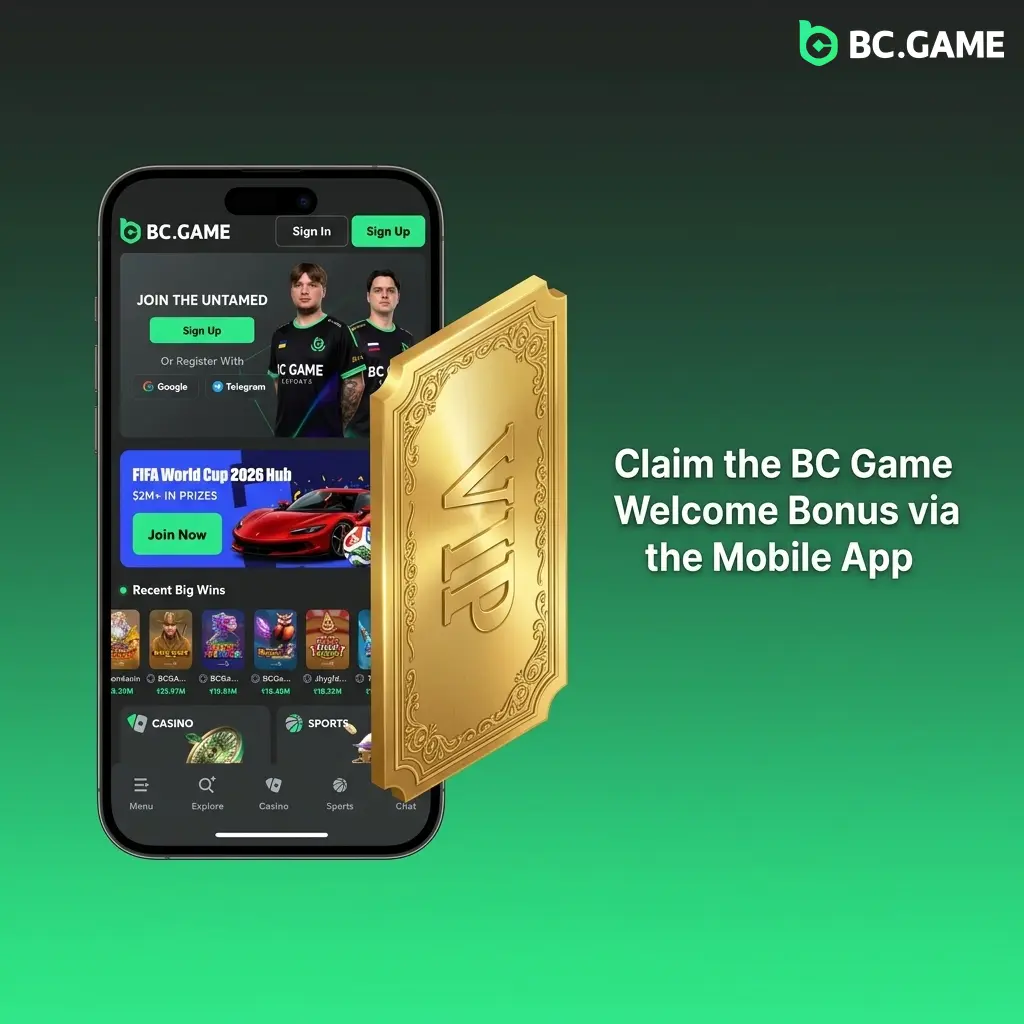 BC Game mobile app welcome bonus claim steps on Android and iOS with deposit and bonus wallet activation