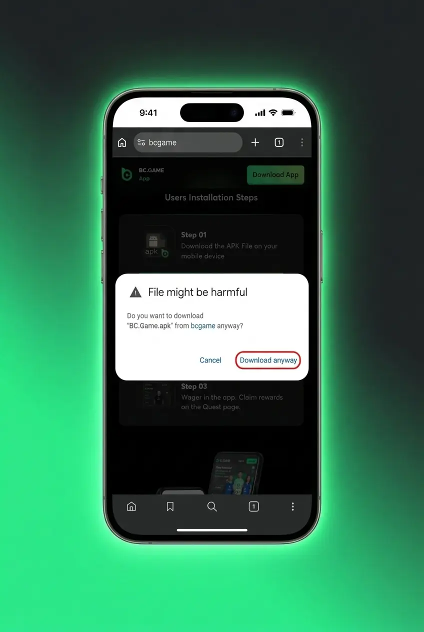 BC Game PWA installation steps on Android showing browser menu and Add to Home Screen option