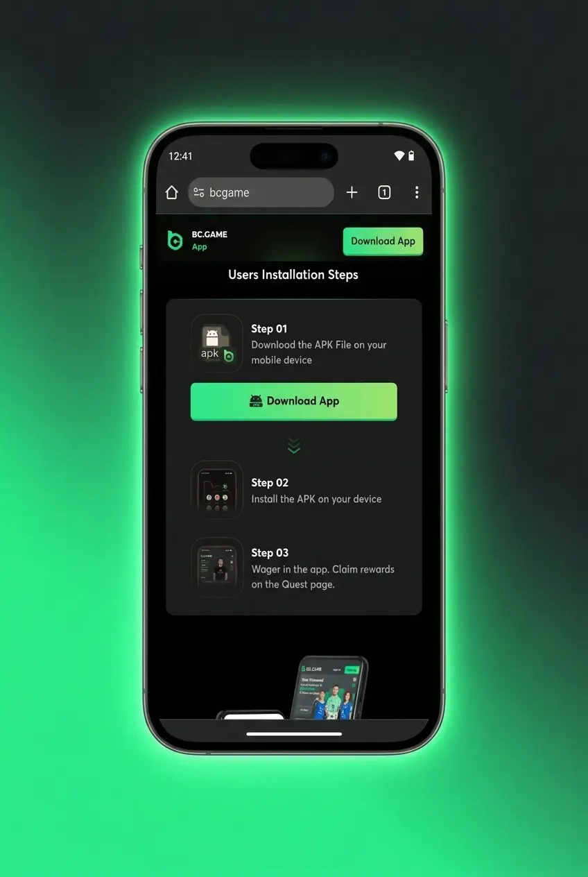 BC Game PWA installation steps on Android showing browser menu and Add to Home Screen option