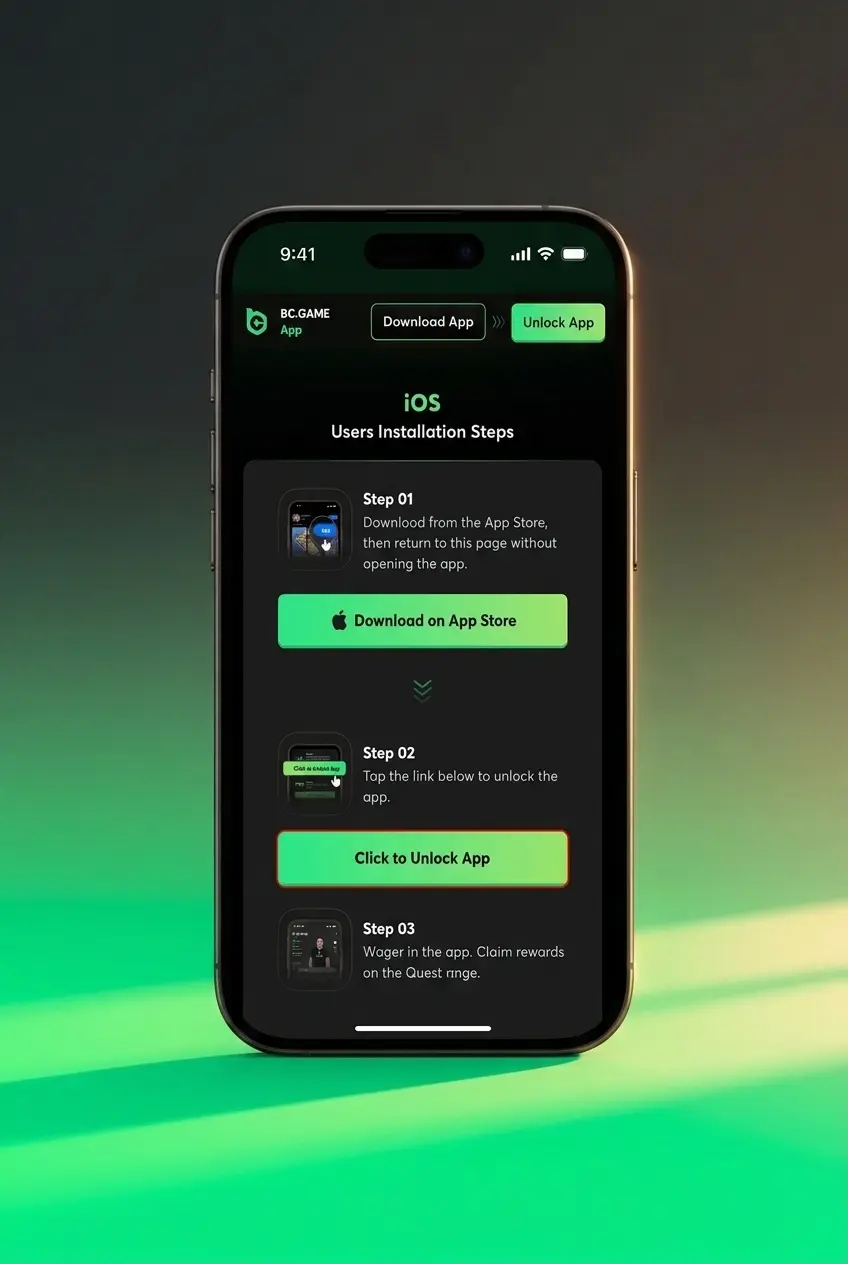 BC Game PWA installation steps on iOS Safari showing Share icon and Add to Home Screen option for iPhone and iPad