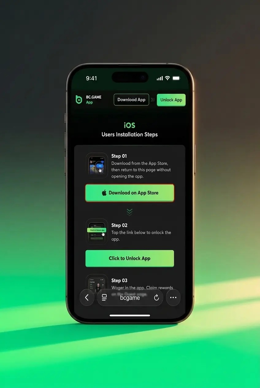 BC Game PWA installation steps on iOS Safari showing Add to Home Screen process for iPhone and iPad