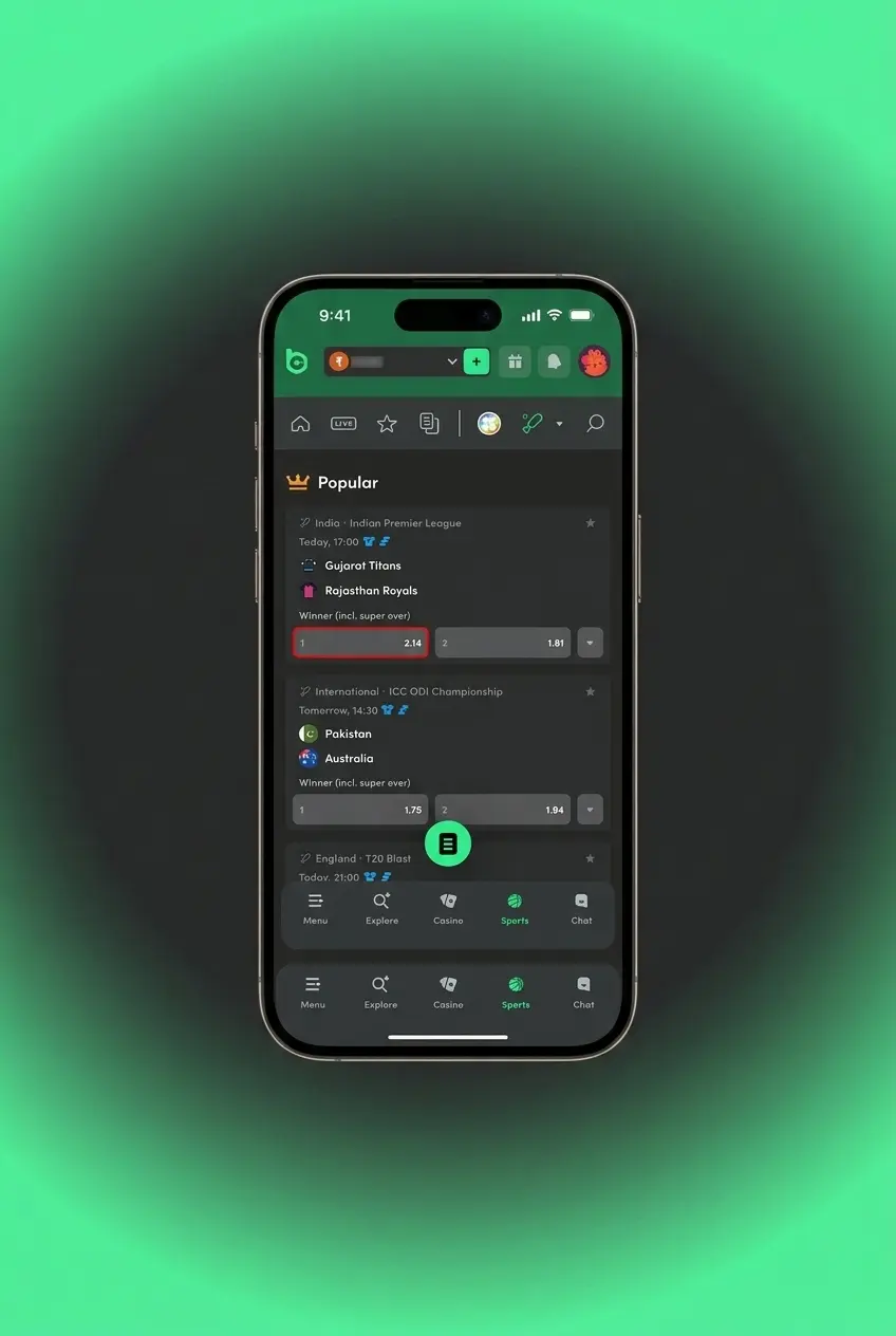 BC Game mobile app sportsbook showing step-by-step bet placement process on Android and iOS devices