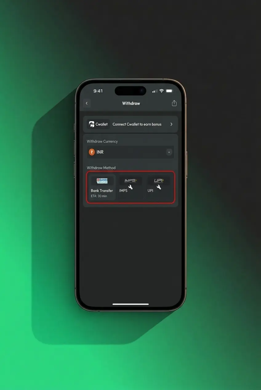 Step-by-step guide showing how to withdraw money from BC Game using UPI, crypto, or other payment methods