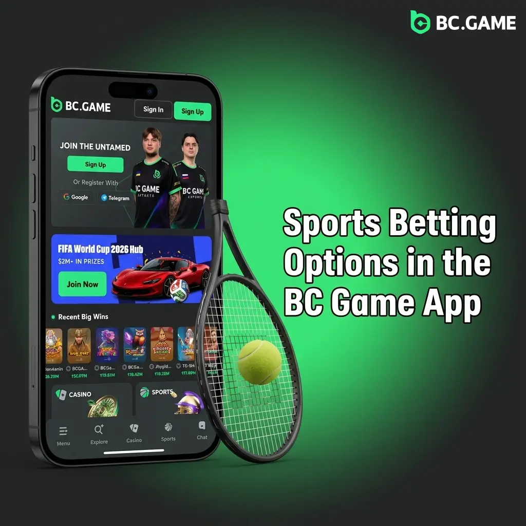 BC Game app sportsbook showing cricket, football, kabaddi and 30+ sports betting options for Indian players